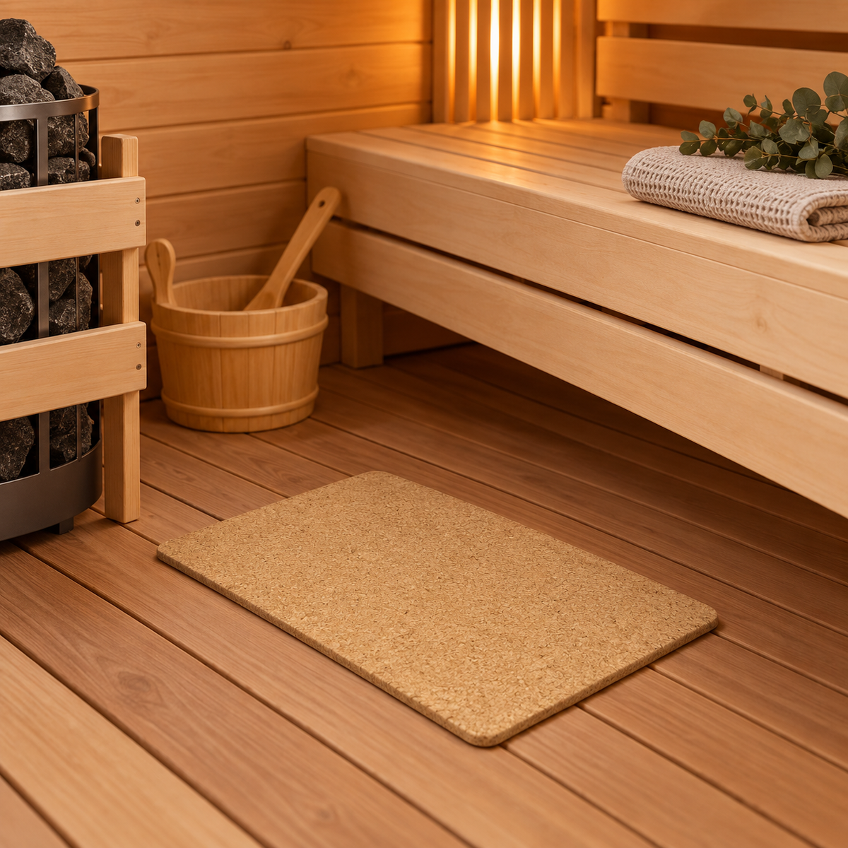 Natural Cork Sauna Mat in a real sauna setting