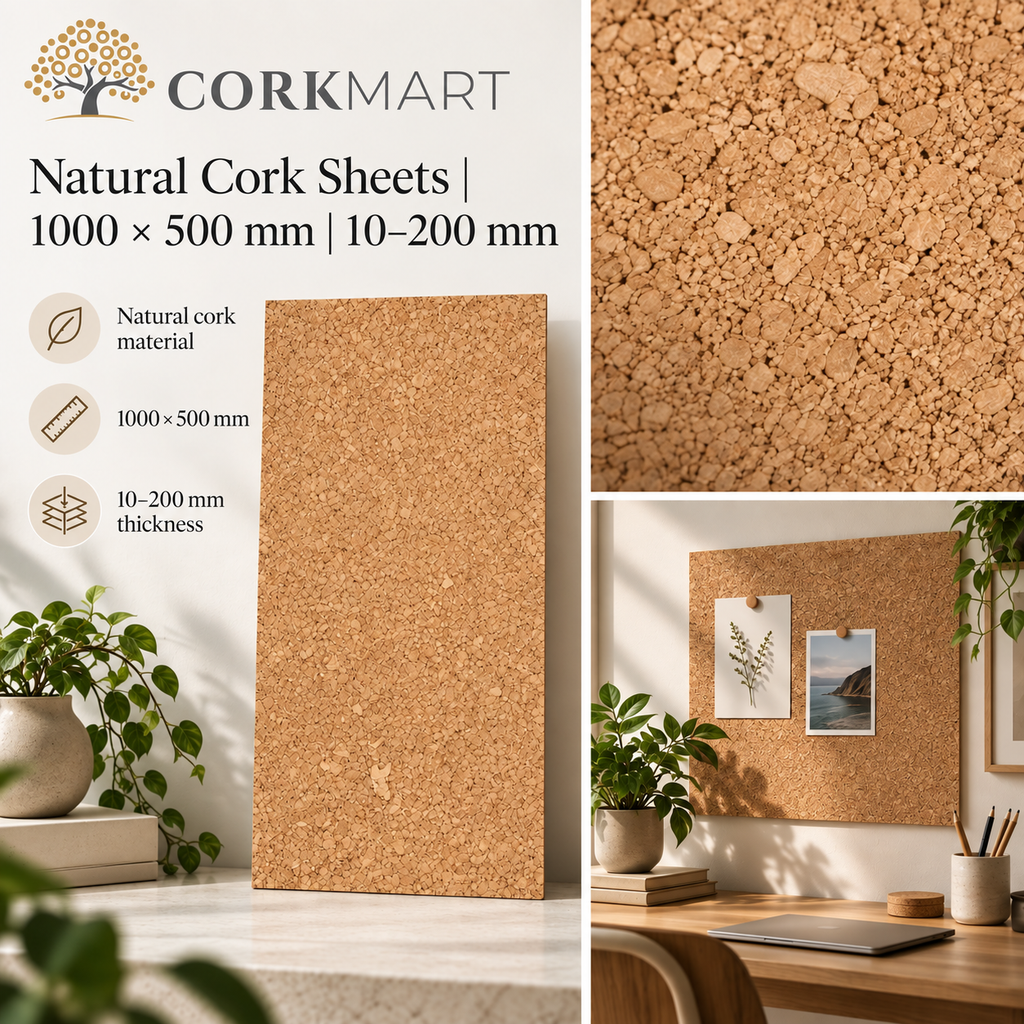 CorkMart editorial collage for Natural Cork Sheets | 1000 × 500 mm | 10–200 mm
