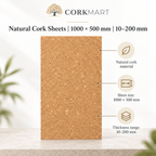 CorkMart infographic for Natural Cork Sheets | 1000 × 500 mm | 10–200 mm