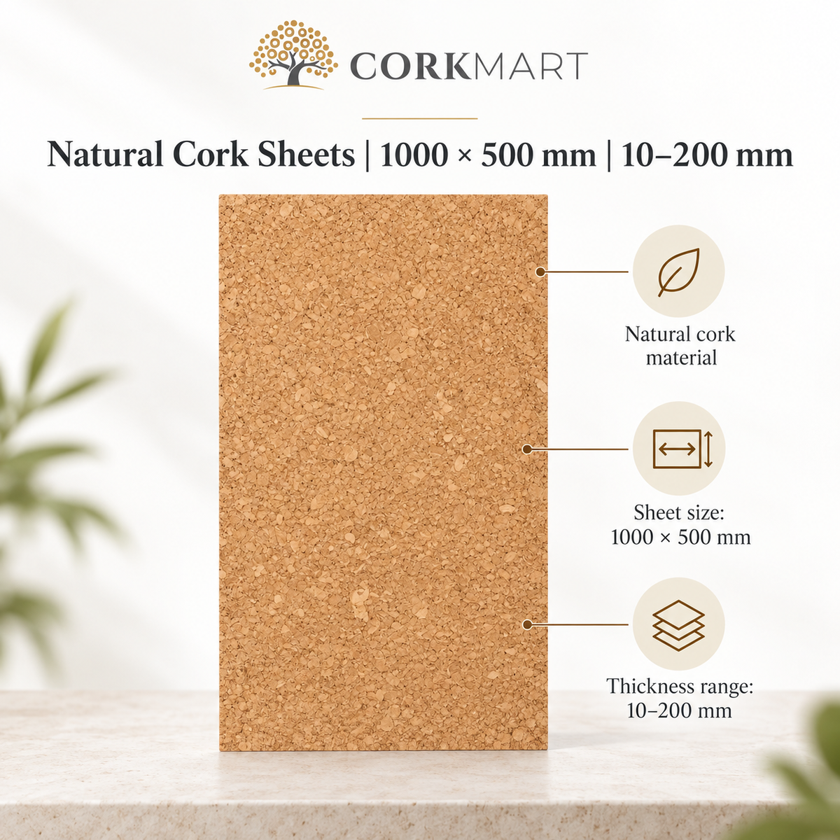CorkMart infographic for Natural Cork Sheets | 1000 × 500 mm | 10–200 mm