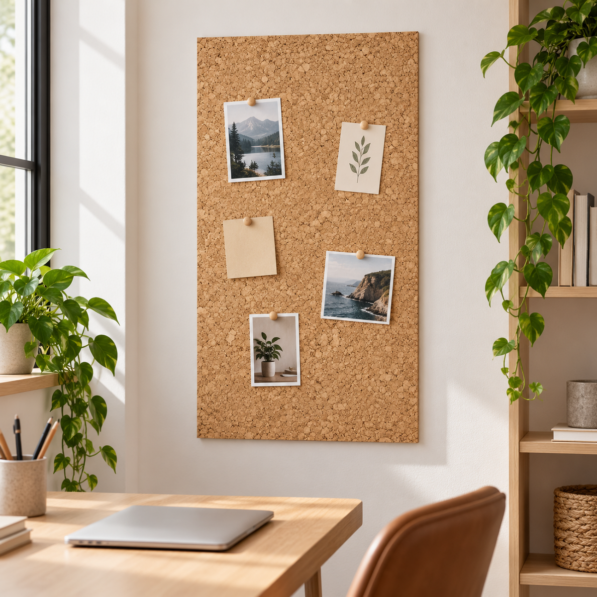 Natural Cork Sheet used as a wall-mounted cork board in a home office