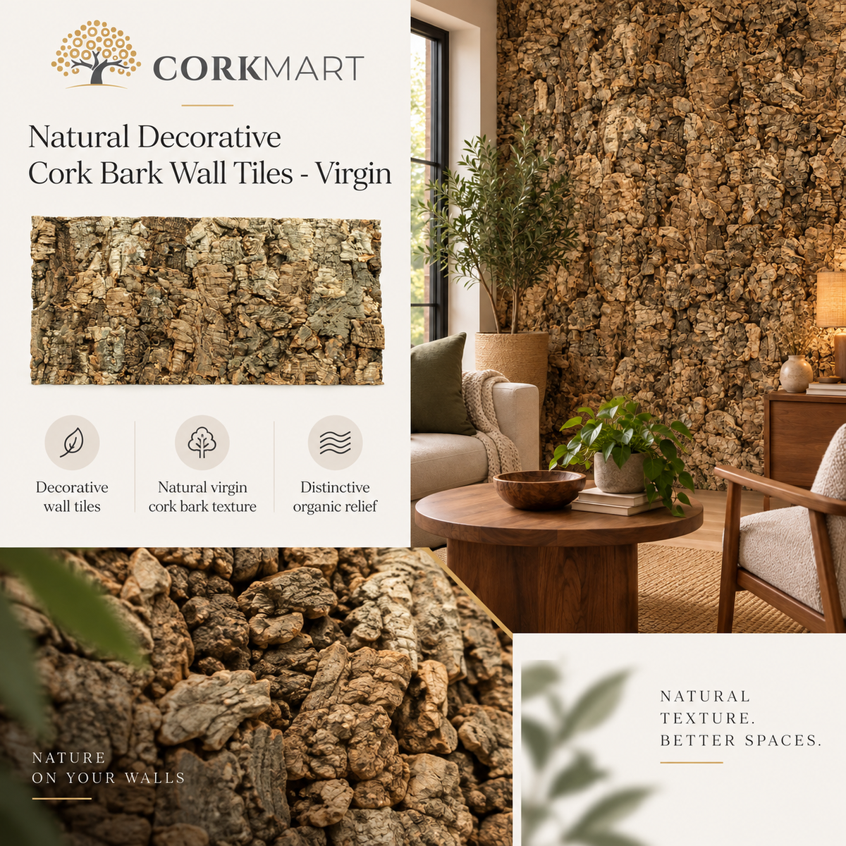 CorkMart editorial collage for Natural Decorative Cork Bark Wall Tiles - Virgin