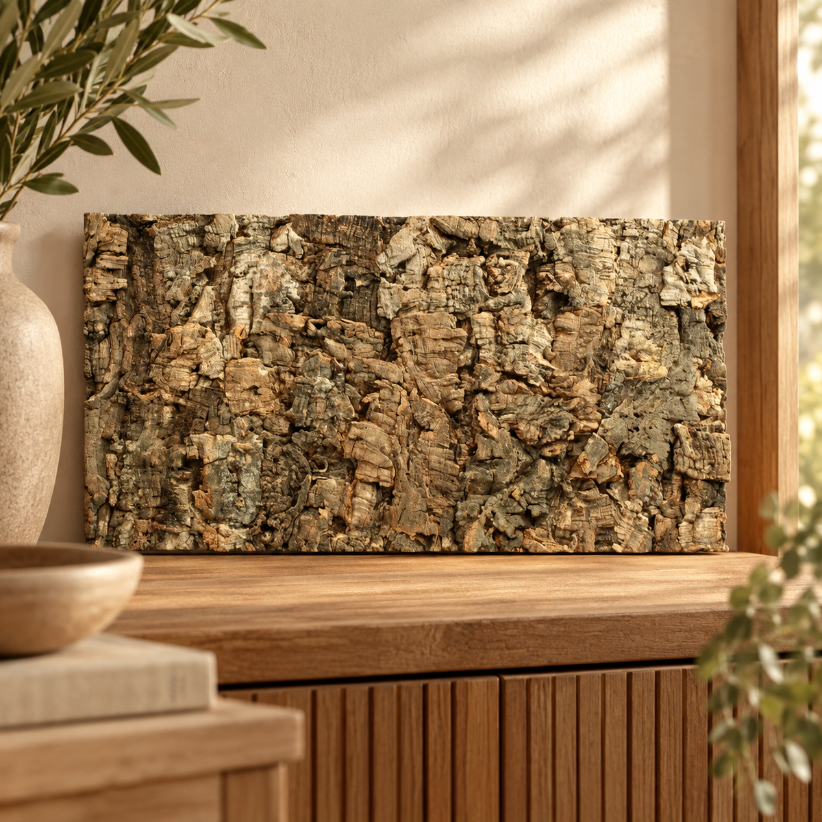 Natural Decorative Cork Bark Wall Tile in a warm natural lifestyle setting