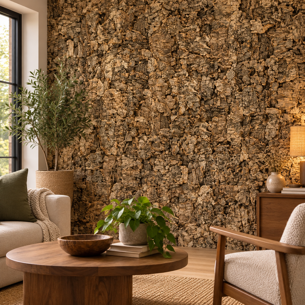 Natural Decorative Cork Bark Wall Tiles - Virgin installed in a residential living room