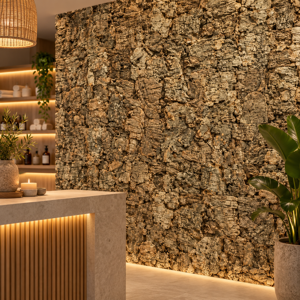 Natural Decorative Cork Bark Wall Tiles - Virgin installed in a premium spa reception