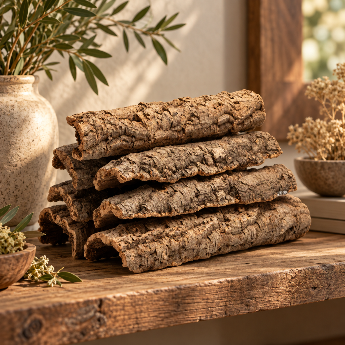 Natural Virgin Cork Branches in a warm natural lifestyle setting