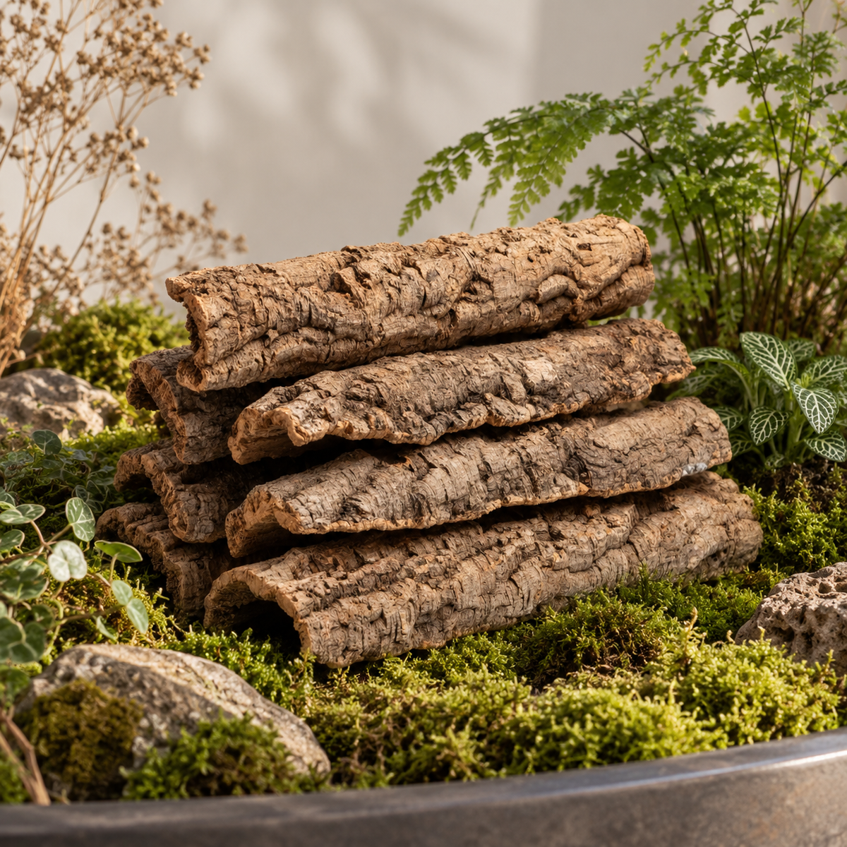 Natural Virgin Cork Branches used in a botanical terrarium composition