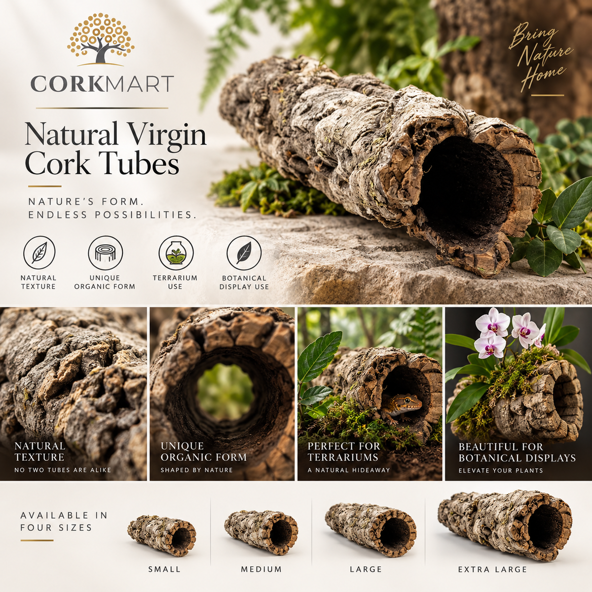 CorkMart editorial collage for Natural Virgin Cork Tubes