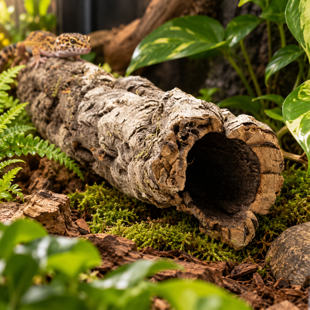 Natural Virgin Cork Tube used as a natural hide in a reptile terrarium
