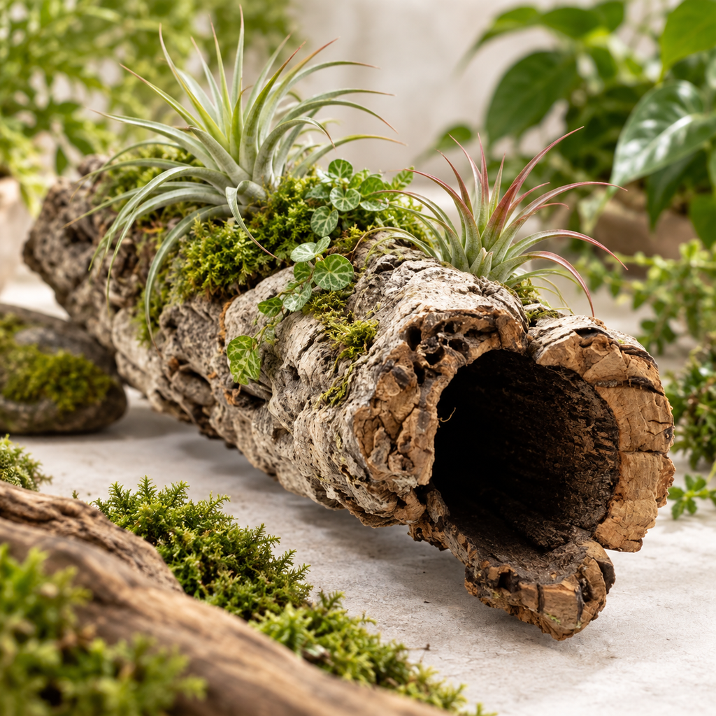 Natural Virgin Cork Tube used in a botanical display with air plants