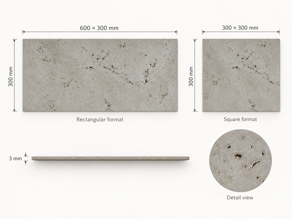 Nielba cork wall tile technical dimensions, 600 × 300 mm and 300 × 300 mm, 3 mm thick