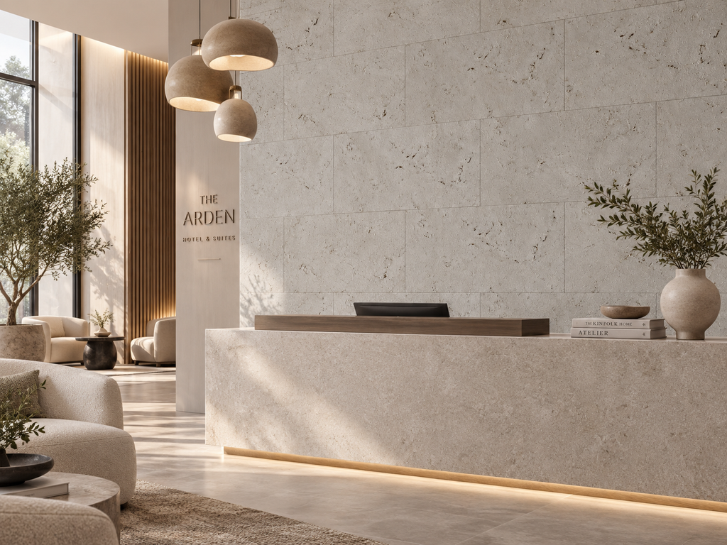 Nielba cork wall tile in a refined hospitality reception interior