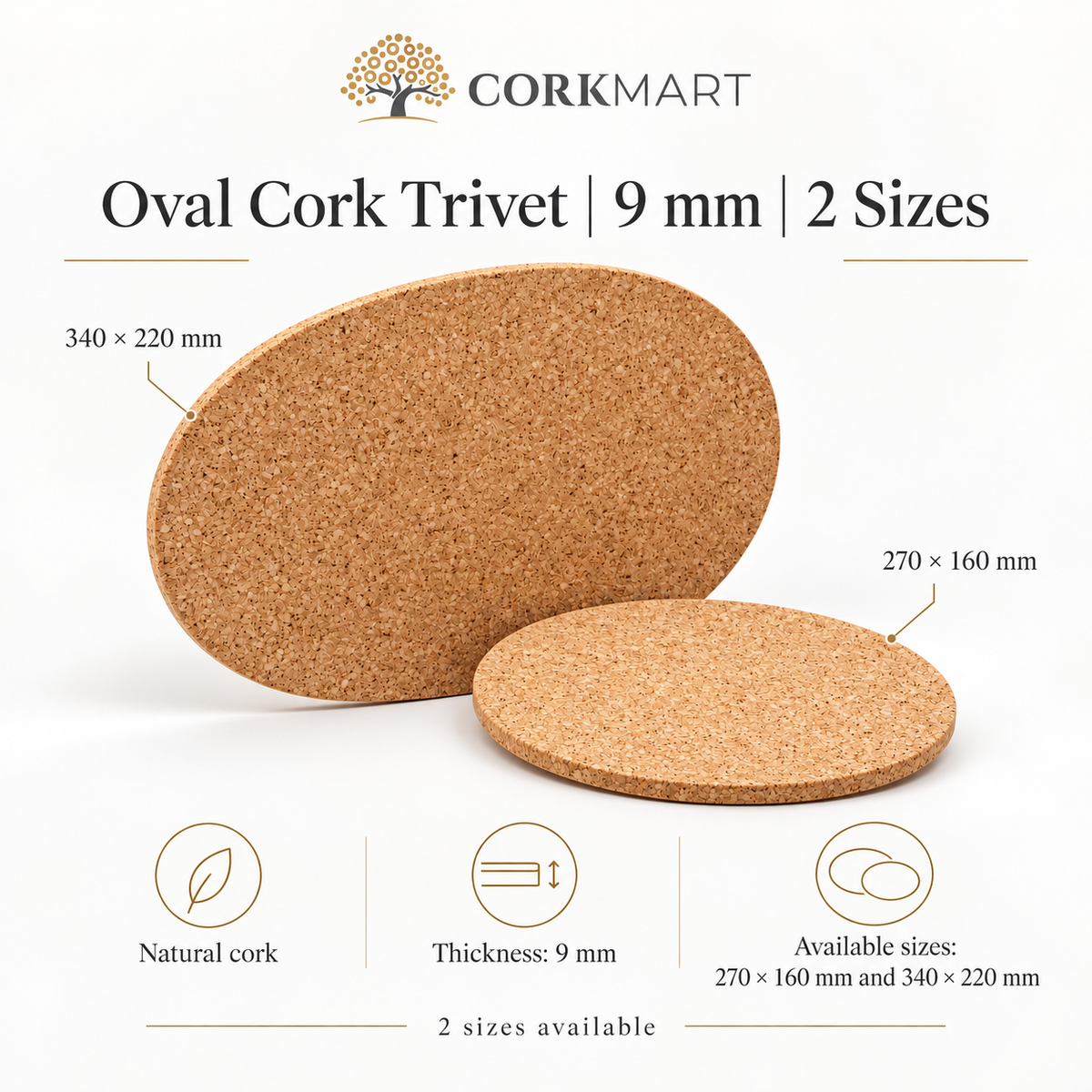 CorkMart infographic for Oval Cork Trivet | 9 mm | 2 Sizes — 270 × 160 mm and 340 × 220 mm