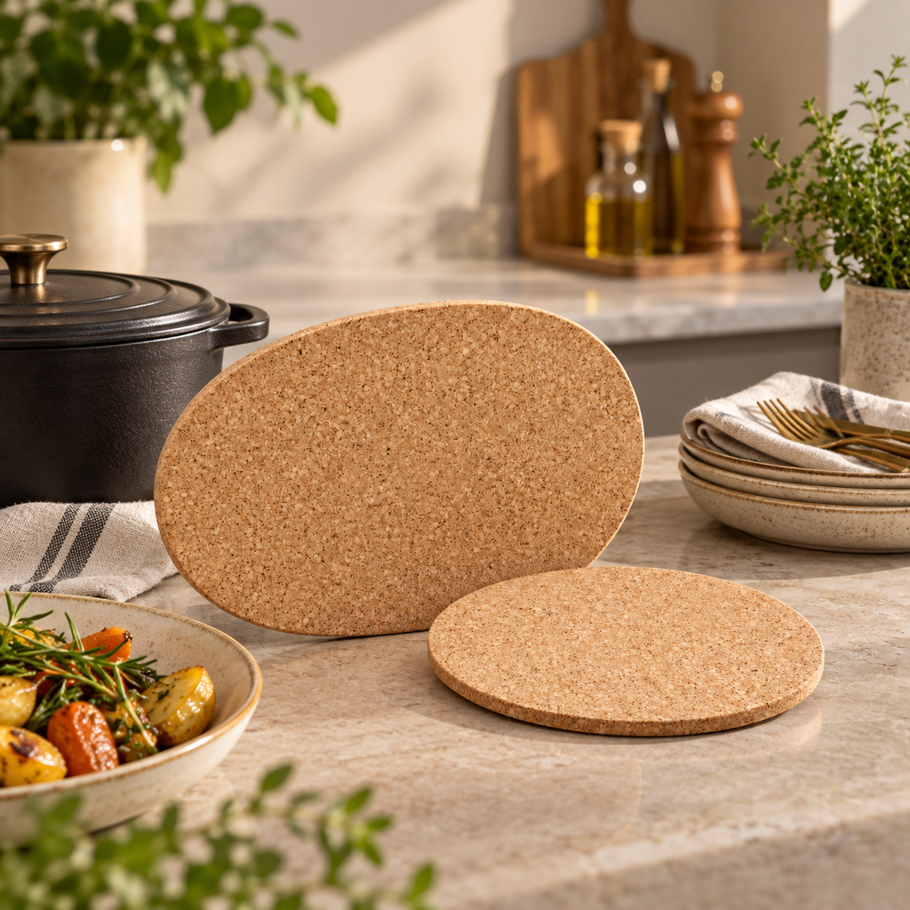 Oval Cork Trivet | 9 mm | 2 Sizes — premium natural kitchen lifestyle composition