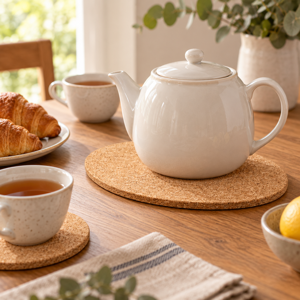 Oval Cork Trivet | 9 mm | 2 Sizes — oval cork trivet used beneath a teapot