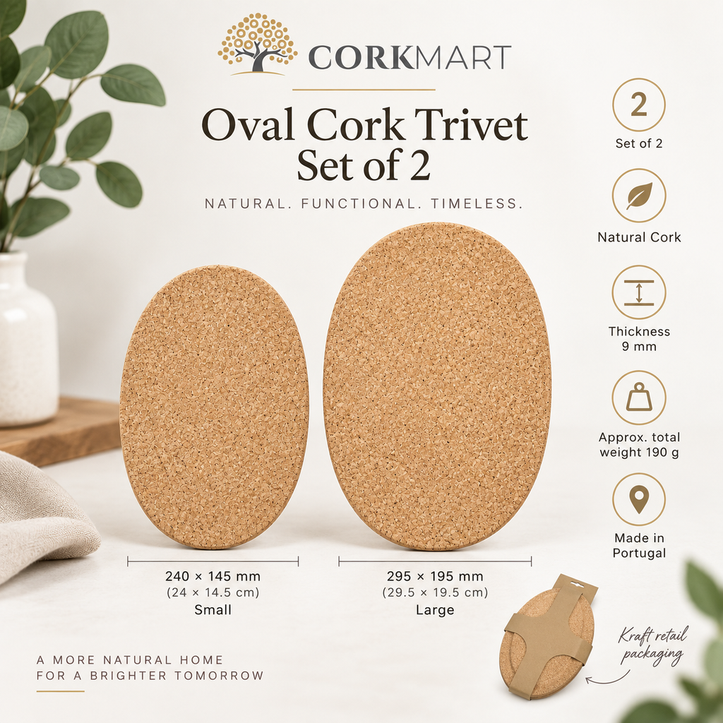 Oval cork trivet set of 2 infographic with 24 × 14.5 cm and 29.5 × 19.5 cm sizes, 9 mm thickness, 190 g total weight and Made in Portugal