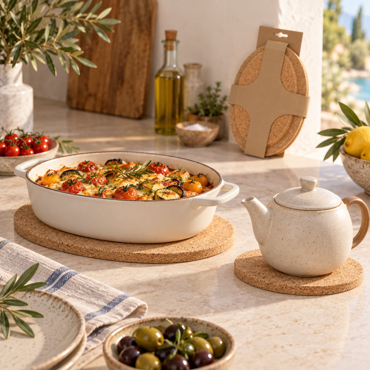 Oval cork trivet set with loose pieces and retail pack in a warm Mediterranean kitchen