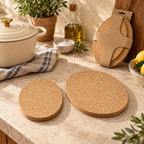 Oval cork trivet set used under serving cookware and teapot in a Mediterranean kitchen