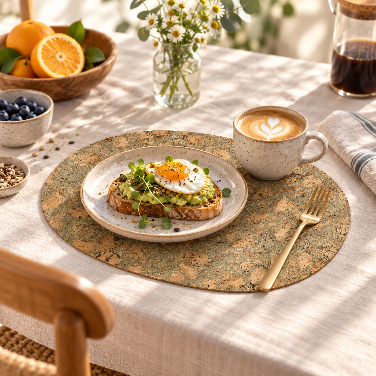Oval Iceberg Grey cork placemat in a bright breakfast table setting
