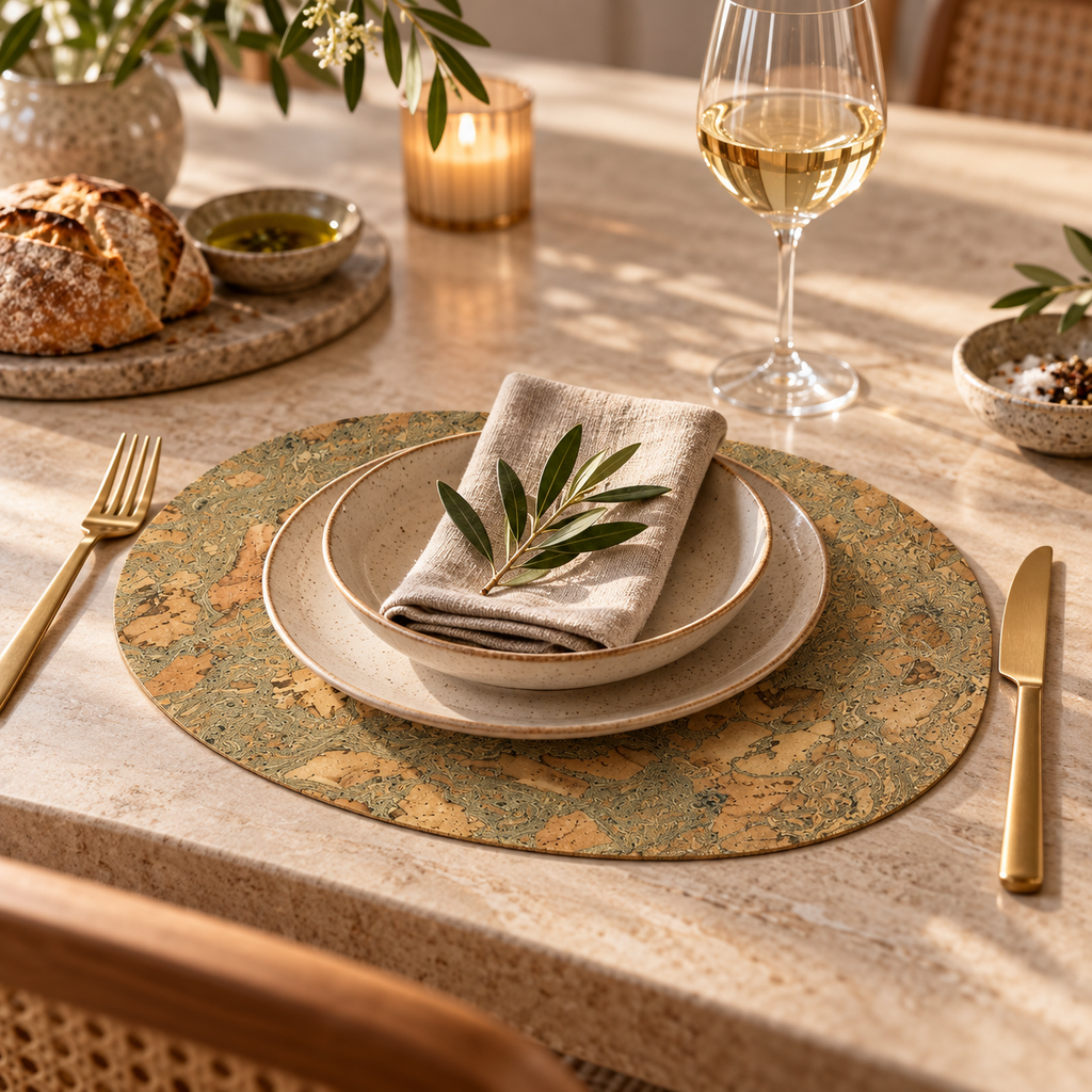 Oval Iceberg Grey cork placemat in a refined dining table setting
