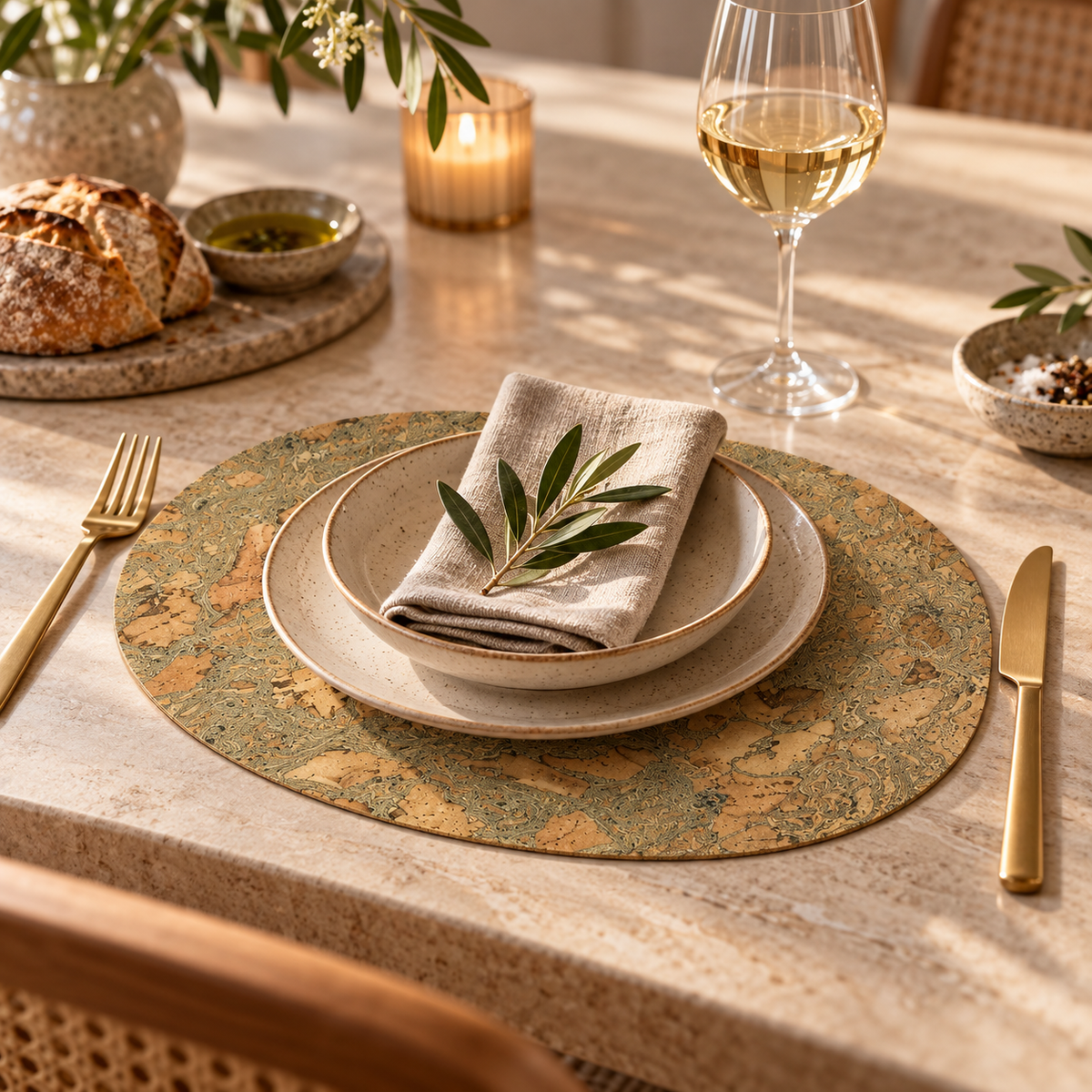 Oval Iceberg Grey cork placemat in a refined dining table setting