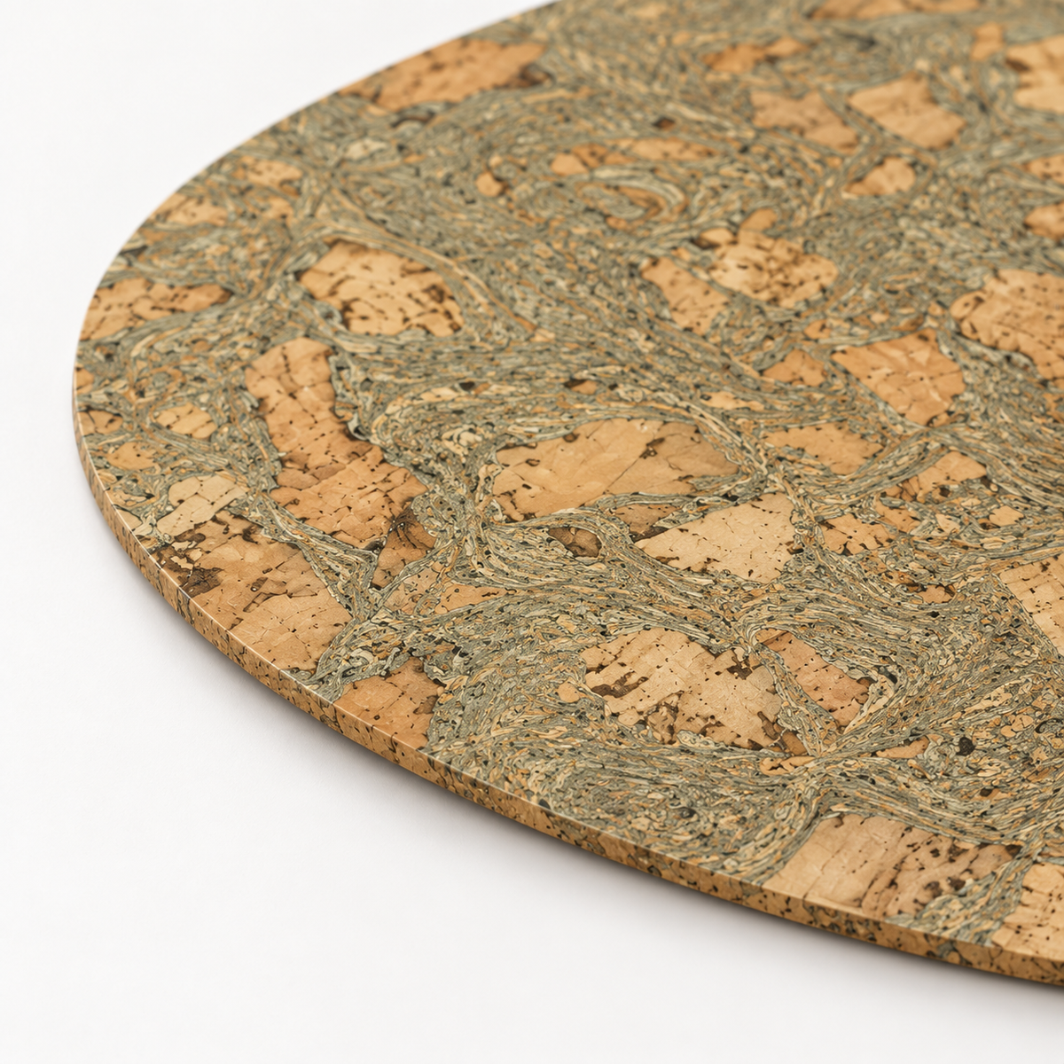 Macro close-up of Oval Iceberg Grey cork placemat surface and thin 3 mm edge