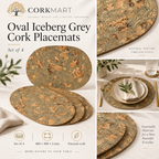 Oval Iceberg Grey cork placemats — set of 4, 400 × 300 × 3 mm, material and lifestyle overview