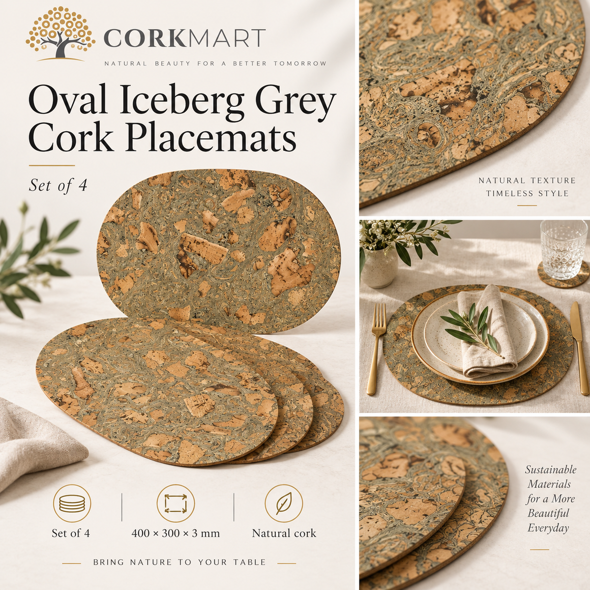 Oval Iceberg Grey cork placemats — set of 4, 400 × 300 × 3 mm, material and lifestyle overview