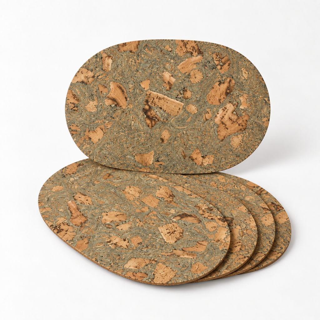 Stack of four Oval Iceberg Grey cork placemats showing oval profile and thin edges