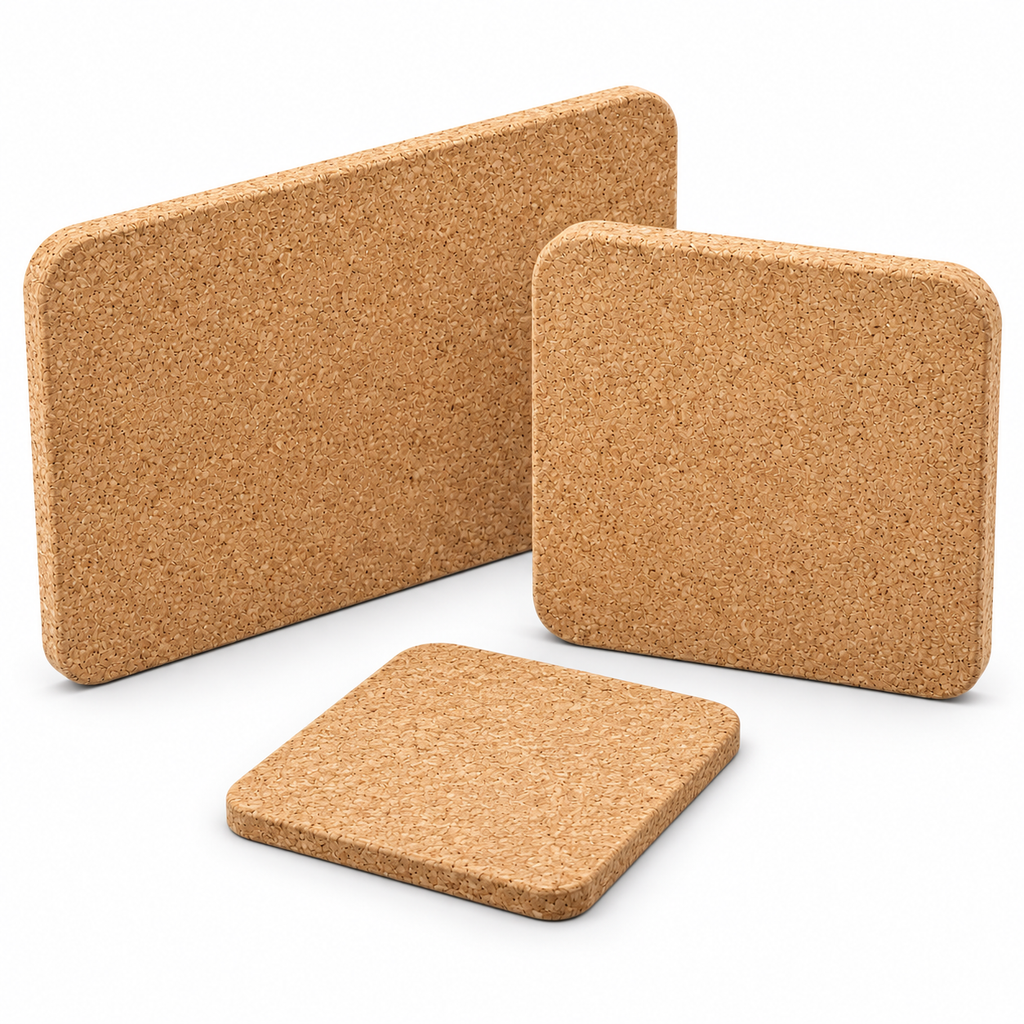 Three-piece natural cork trivet set at an angle showing rounded edges and 9 mm thickness