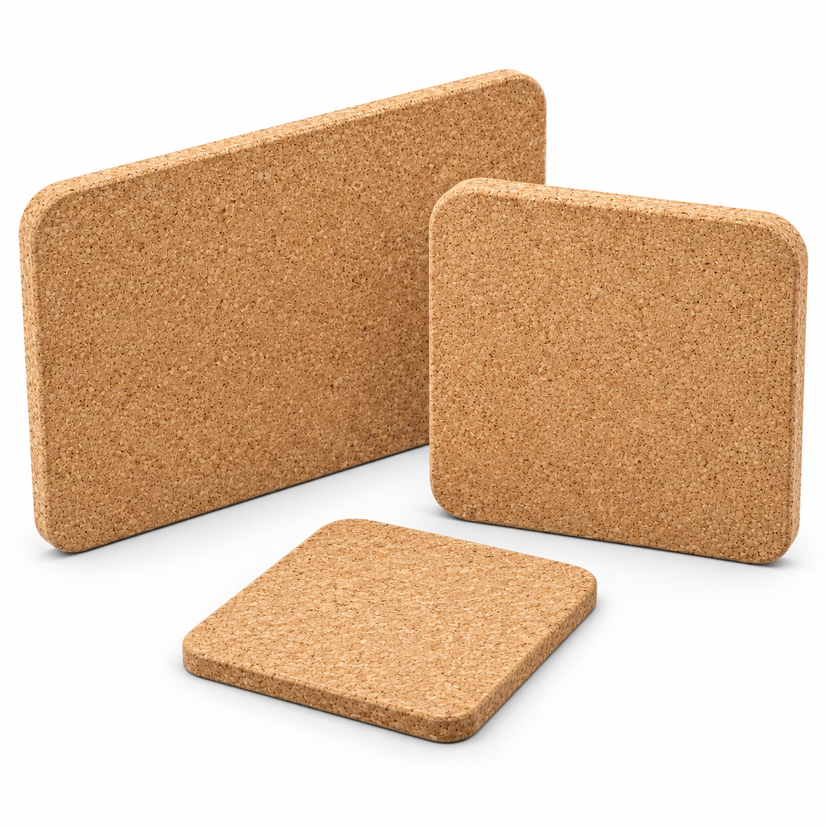 Three-piece natural cork trivet set at an angle showing rounded edges and 9 mm thickness
