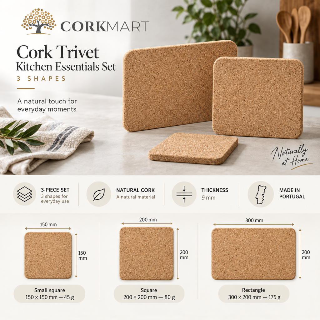 Cork trivet kitchen essentials set infographic with three sizes, 9 mm thickness and weights