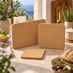 Three-piece natural cork trivet set styled in a warm Portuguese Mediterranean kitchen