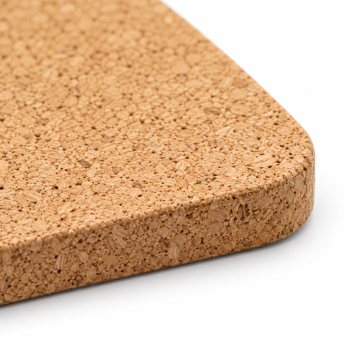 Macro detail of natural cork texture, rounded corner and 9 mm edge thickness