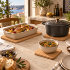 Three-piece cork trivet set used under serving cookware in a Mediterranean kitchen