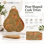 Pear-Shaped Cork Trivet IceGreen product collage with official CorkMart logo, dimensions and 20 mm thickness