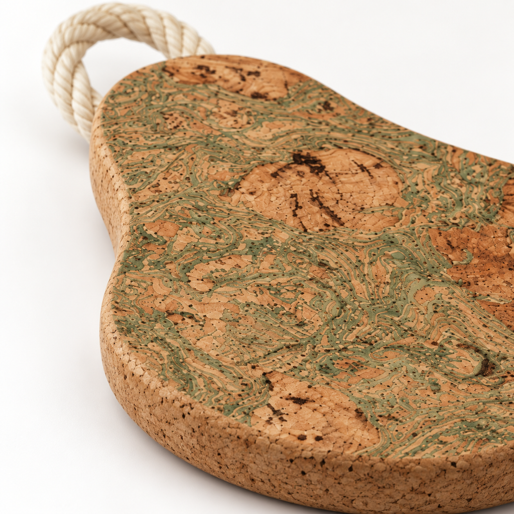 Close-up of Pear-Shaped Cork Trivet IceGreen texture and rope loop