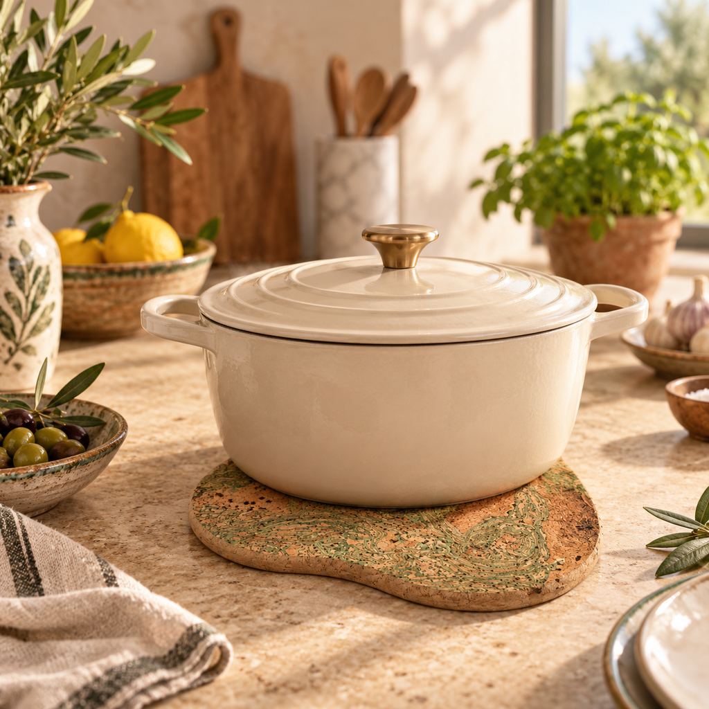 Pear-Shaped Cork Trivet IceGreen supporting hot cookware in a warm kitchen