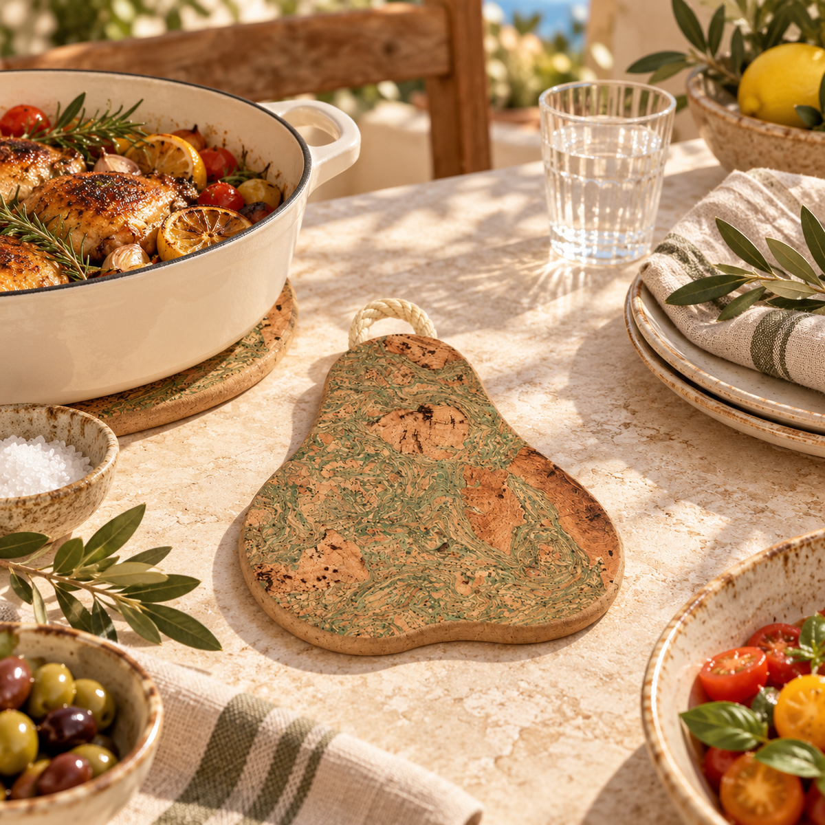Pear-Shaped Cork Trivet IceGreen in a Mediterranean table setting