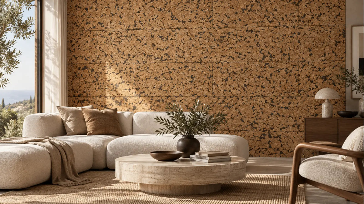 Pebble cork wall tile shown in a conceptual architectural interior visualization