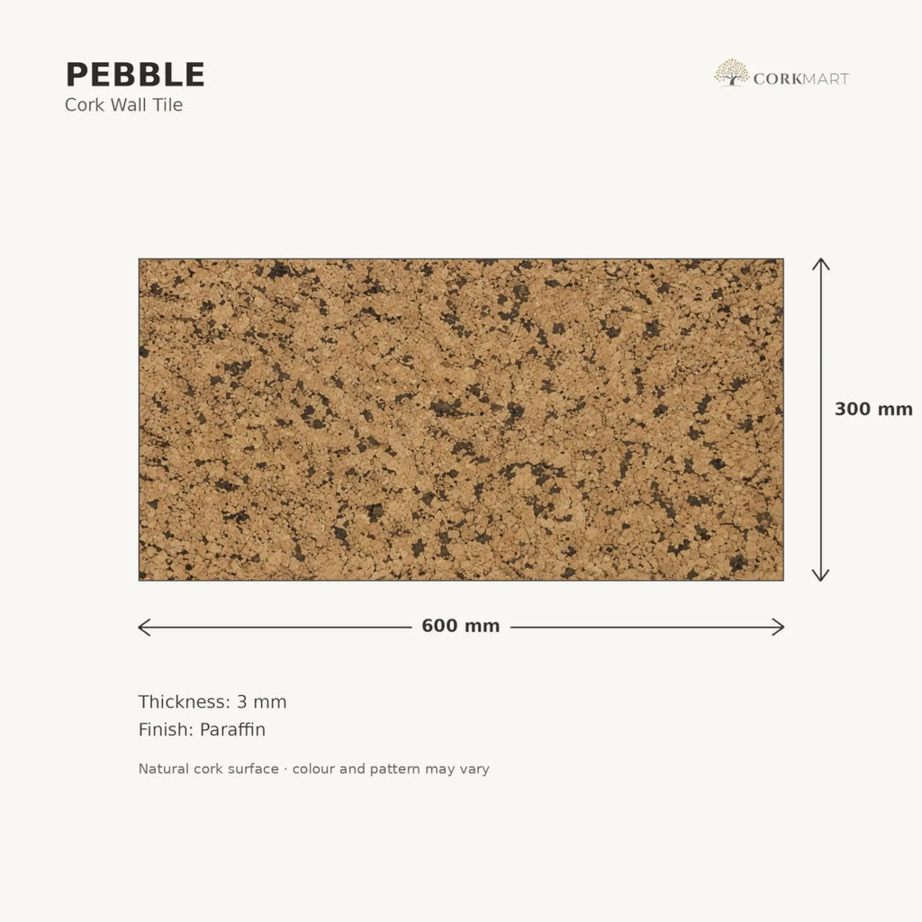 Pebble cork wall tile dimensions for the 600 × 300 × 3 mm format; 300 × 300 mm format also available