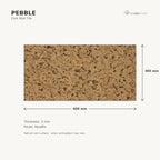 Pebble cork wall tile dimensions for the 600 × 300 × 3 mm format; 300 × 300 mm format also available