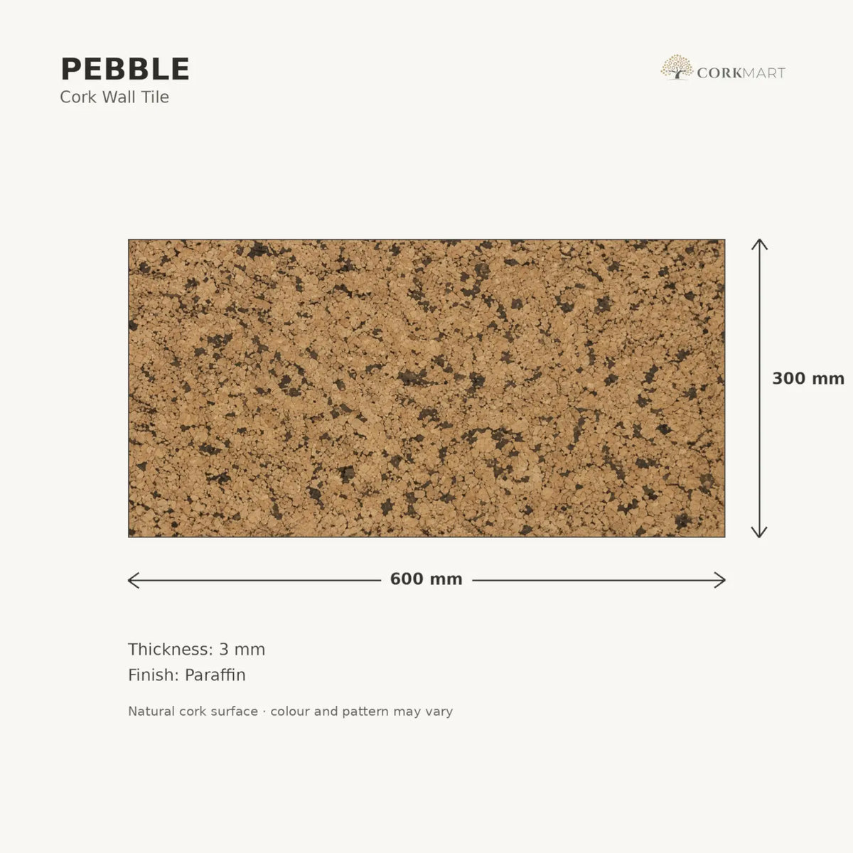 Pebble cork wall tile dimensions for the 600 × 300 × 3 mm format; 300 × 300 mm format also available
