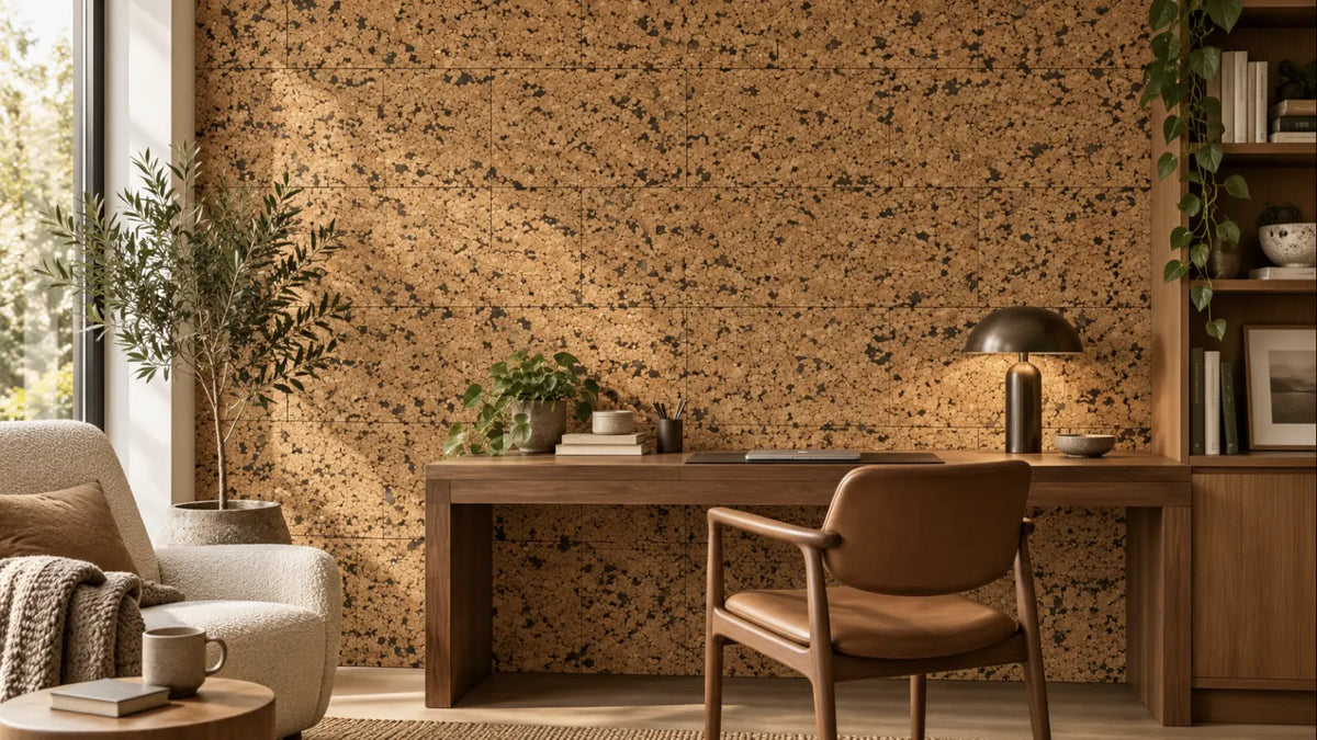 Pebble cork wall tile shown in a conceptual residential home office visualization