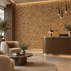 Pebble cork wall tile shown in a conceptual hospitality reception visualization