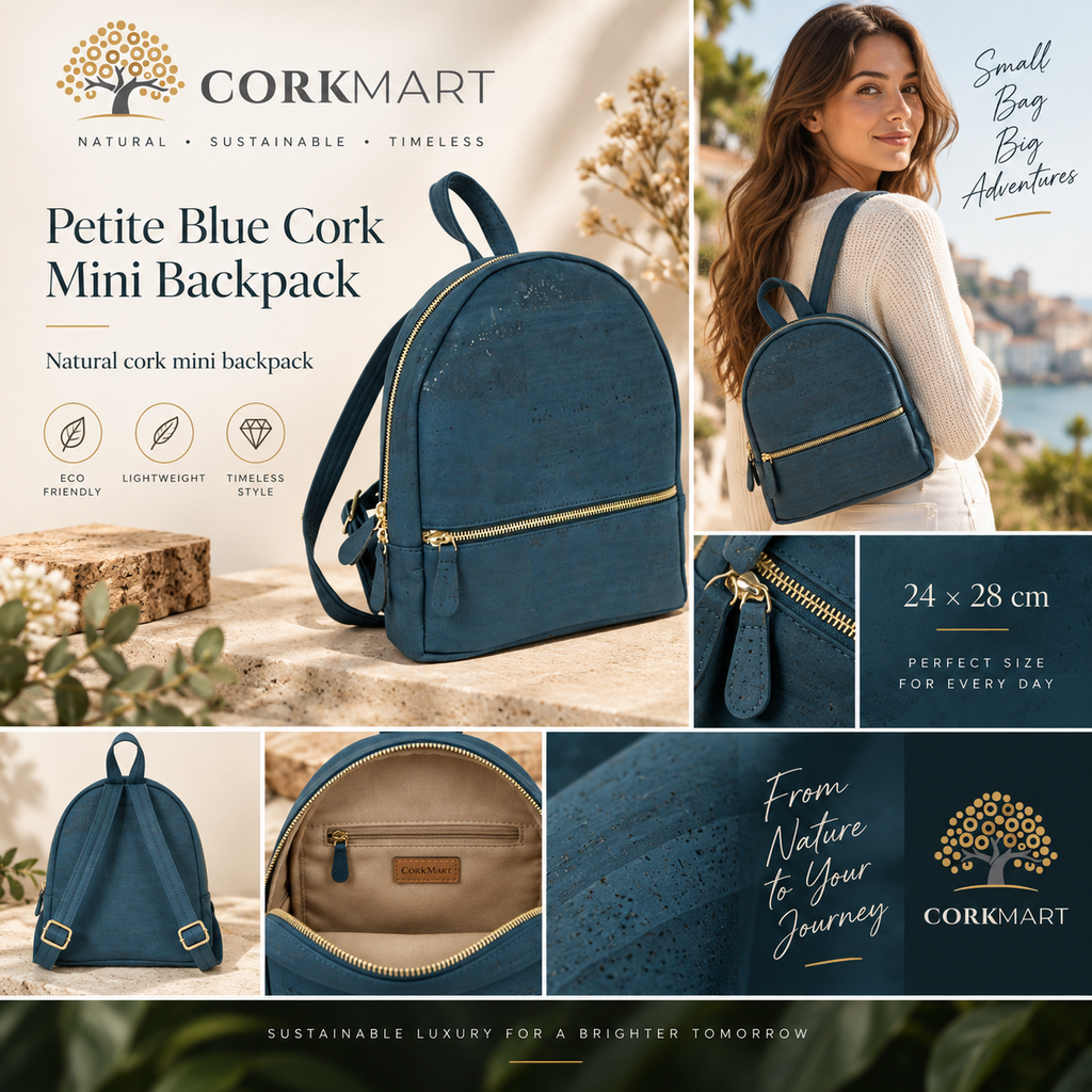 Petite Blue Cork Mini Backpack editorial collage