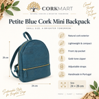 Petite Blue Cork Mini Backpack infographic with size and product details