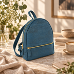Petite Blue Cork Mini Backpack in a premium lifestyle setting