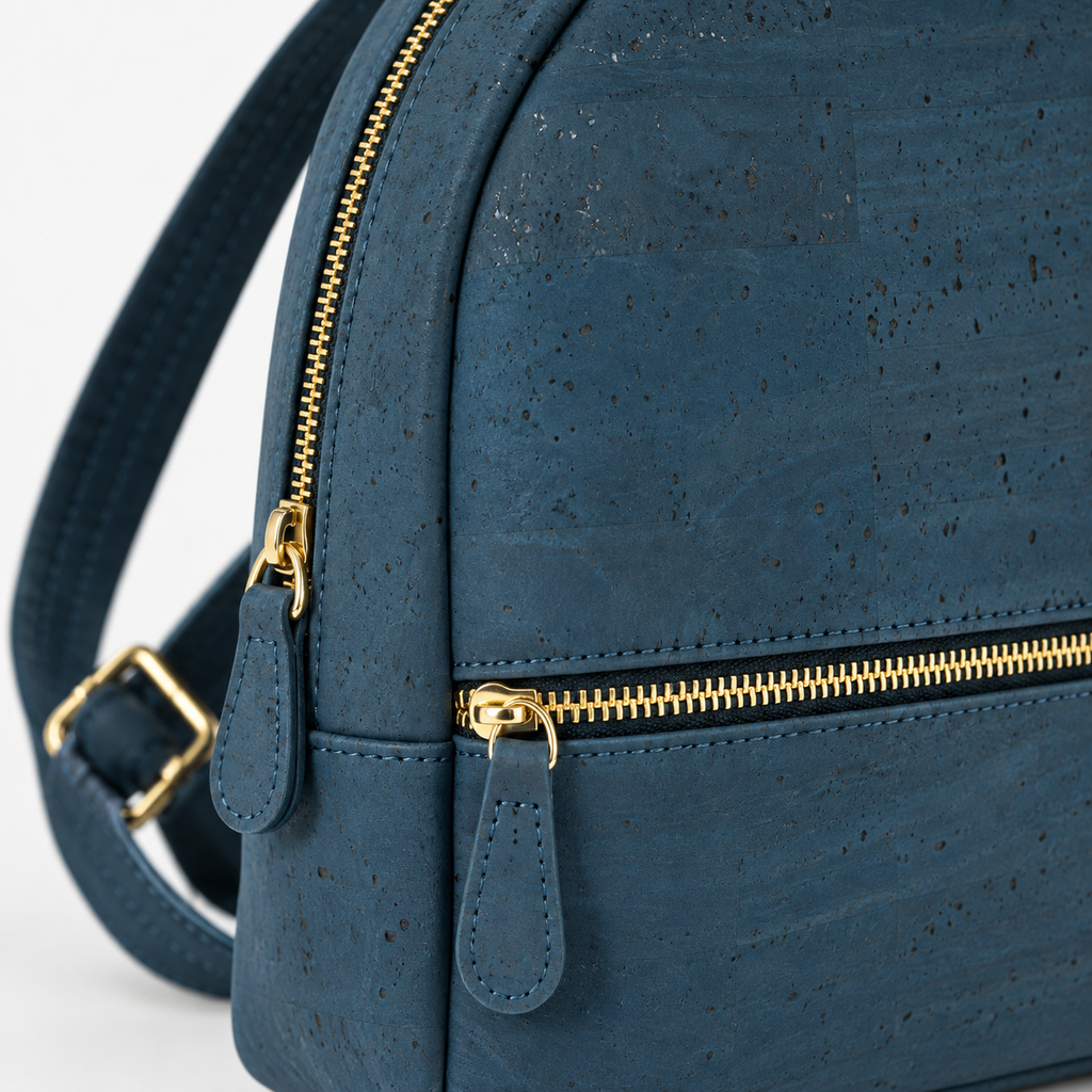 Petite Blue Cork Mini Backpack, blue cork texture and gold zipper detail