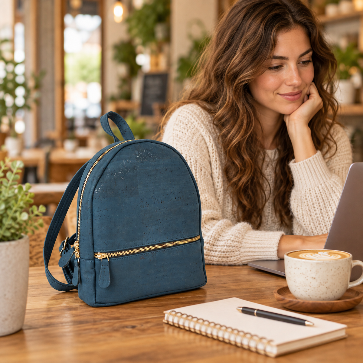 Petite Blue Cork Mini Backpack in a cafe and workspace setting